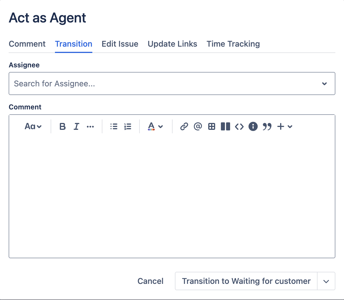 Act as Agent modal on the Transition tab with the transition dropdown closed