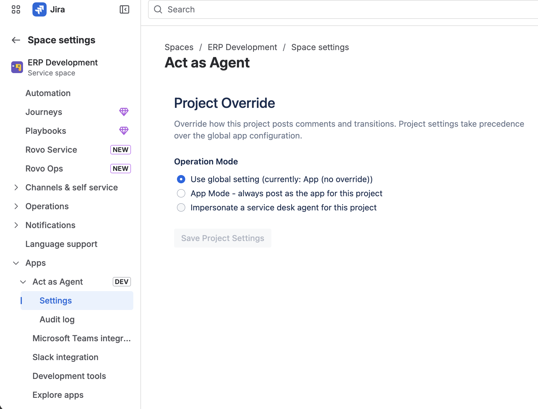 Space settings left rail with "Act as Agent" expanded under Apps and "Settings" highlighted